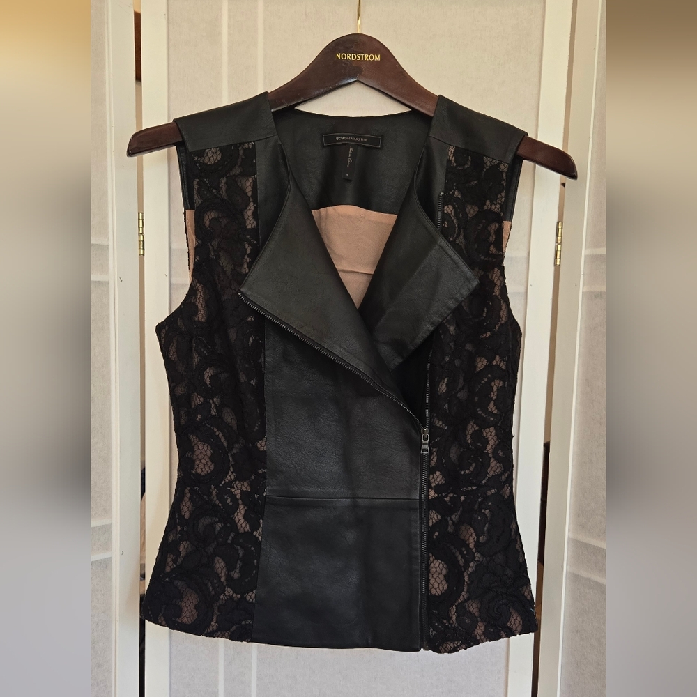 BCBGMaxAzria Black Asymmetrical Lace Leather Vest